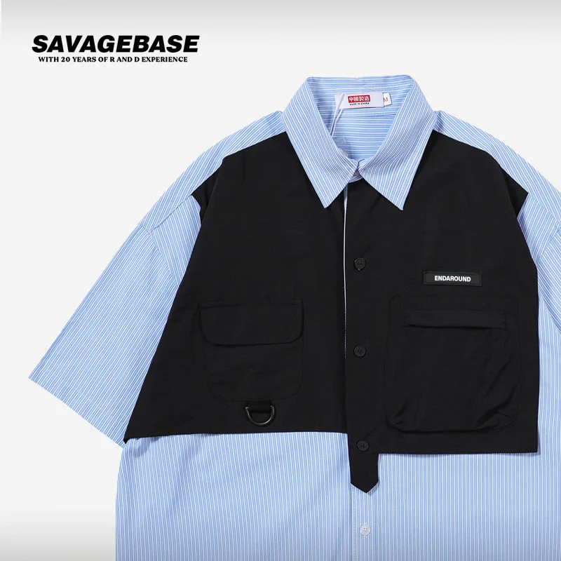 

2022 New Japanese Work Clothes Vest Striped Shirt Men's and Women's Summer Splicing Fake Two Short Sleeved High Street Shirts