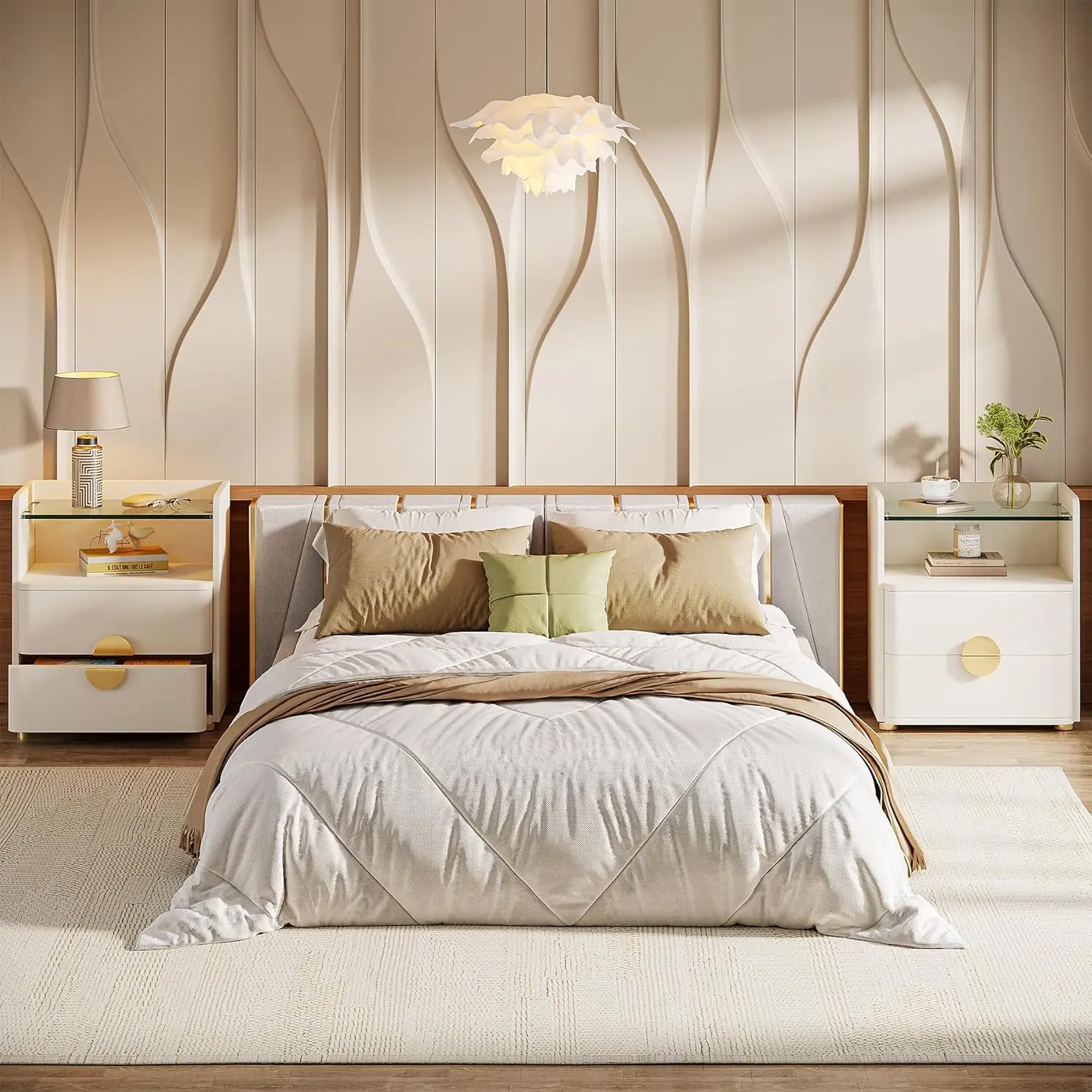 Nightstand with 2 Drawers, Modern Nightstand with Open Storage Shelf, White Bed Side Table for Bedroom, Living Room