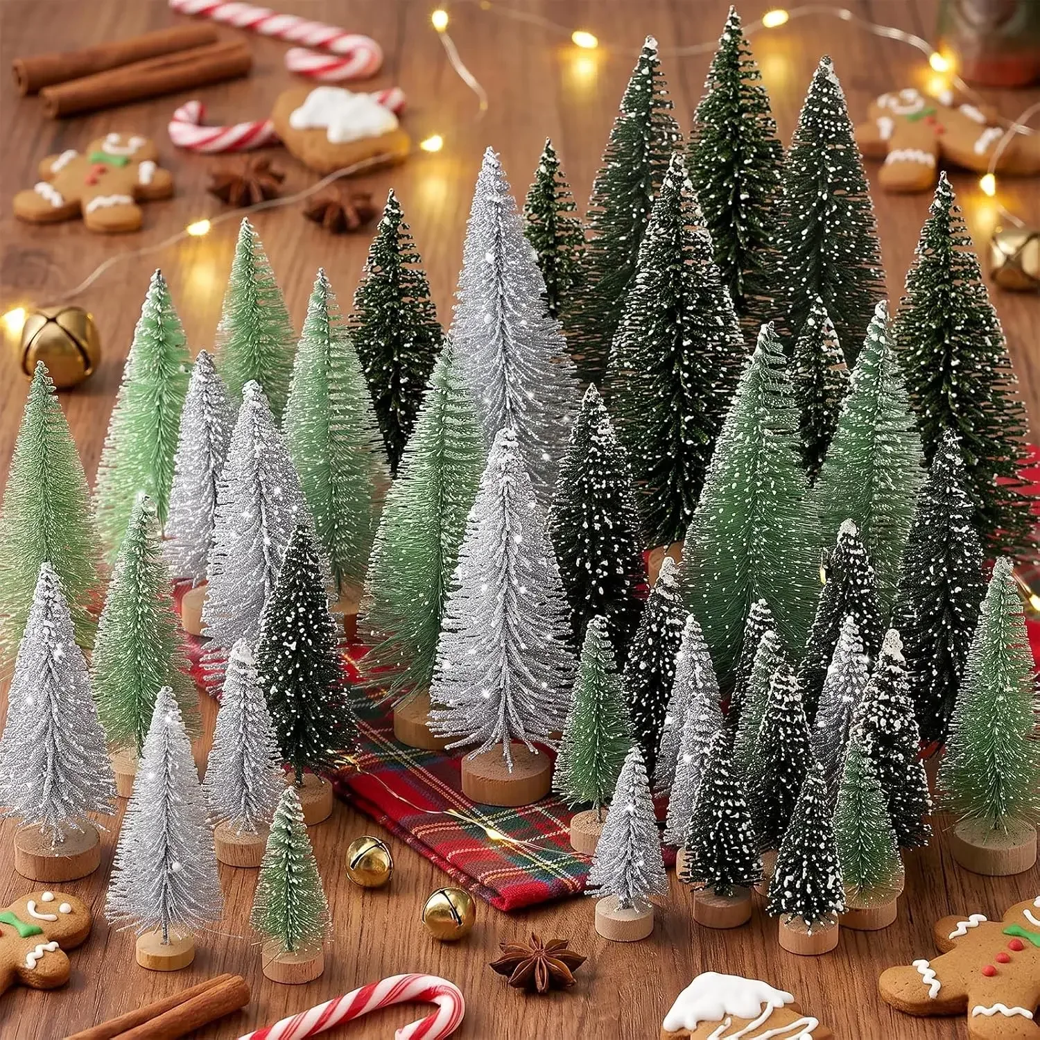 30pcs Mini Christmas Trees Artificial Christmas Tree Bottle Brush Trees with Wooden Base for Christmas Decor Party Home Table Craft Decorations (Silver,Green) 3