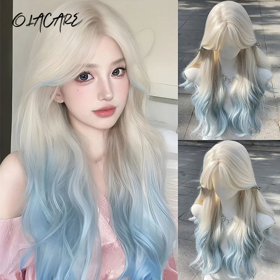 

Long Body Wave Black And Gray Ombre Cosplay Wigs Heat Resistant Synthetic Wigs Bangs Natural Lolita Wigs For Women Halloween LM