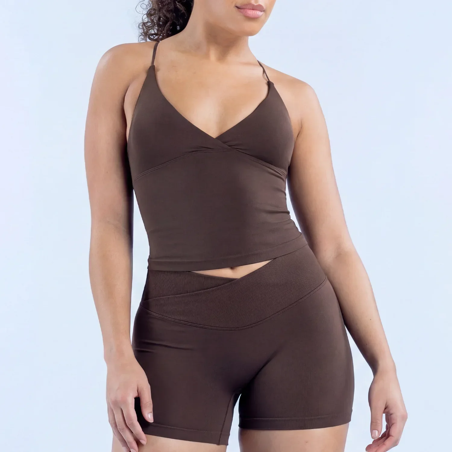 2-teiliges LOGO Damen-Outfit, Tanktop mit mehreren Trägern und Rückenausschnitt, Scrunch Butt Peach Taille, nahtlose Leggings, Fitness-Set – Detail 18