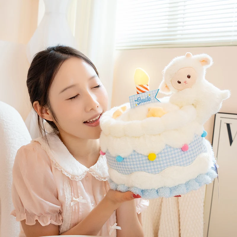 Lamb Birthday Cake Plush Toy 37cm with Blue White Gingham Tiers Colorful Pom Pom Details for Celebration Backdrop Decor