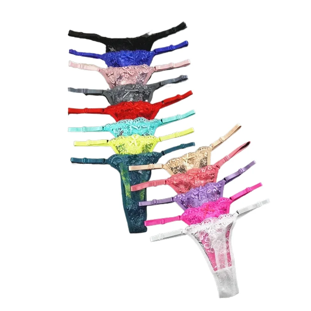 Sexy G String 4 Pcs Mix Adjustable Hollow Out Lace Thongs for Women Low Rise V Waist Transparent Intimates Lingerie Ladies Panty