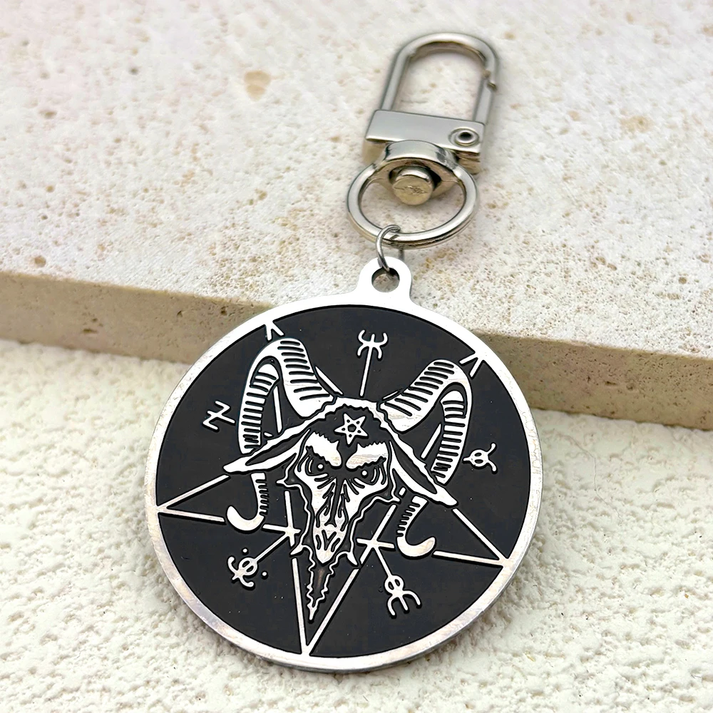 

Gothic Satan Lucifer Goat Head Keyring For Women Men Stainless Steel Silver Color Baphomet Fashion Keychain Jewelry Gifts
