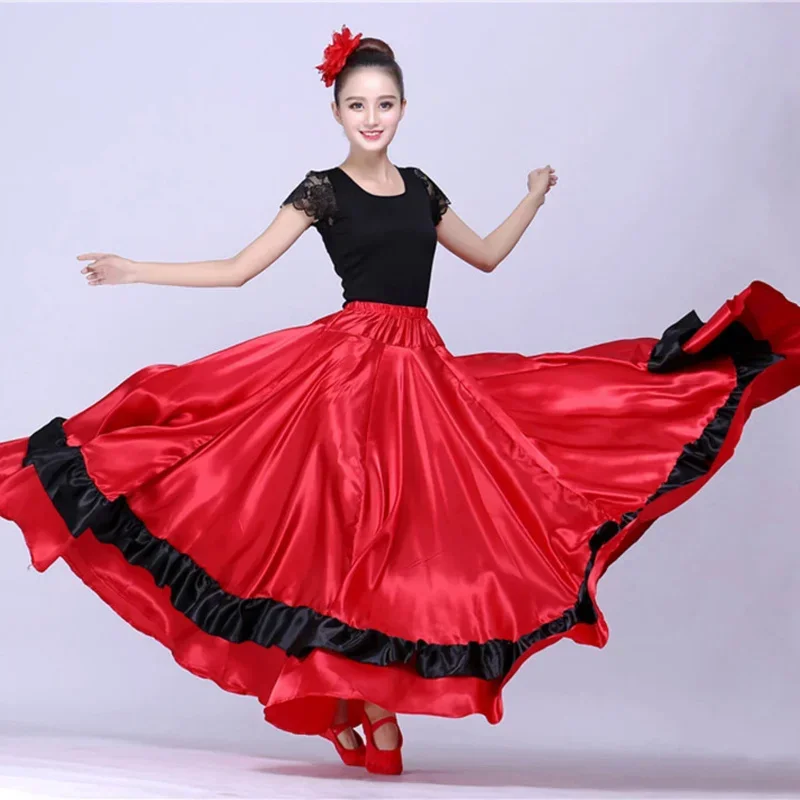 Gypsy Woman Spanish Flamenco Skirt Polyester Satin Smooth Big Swing Carnival Party Ballroom Belly Dance Costumes Dress