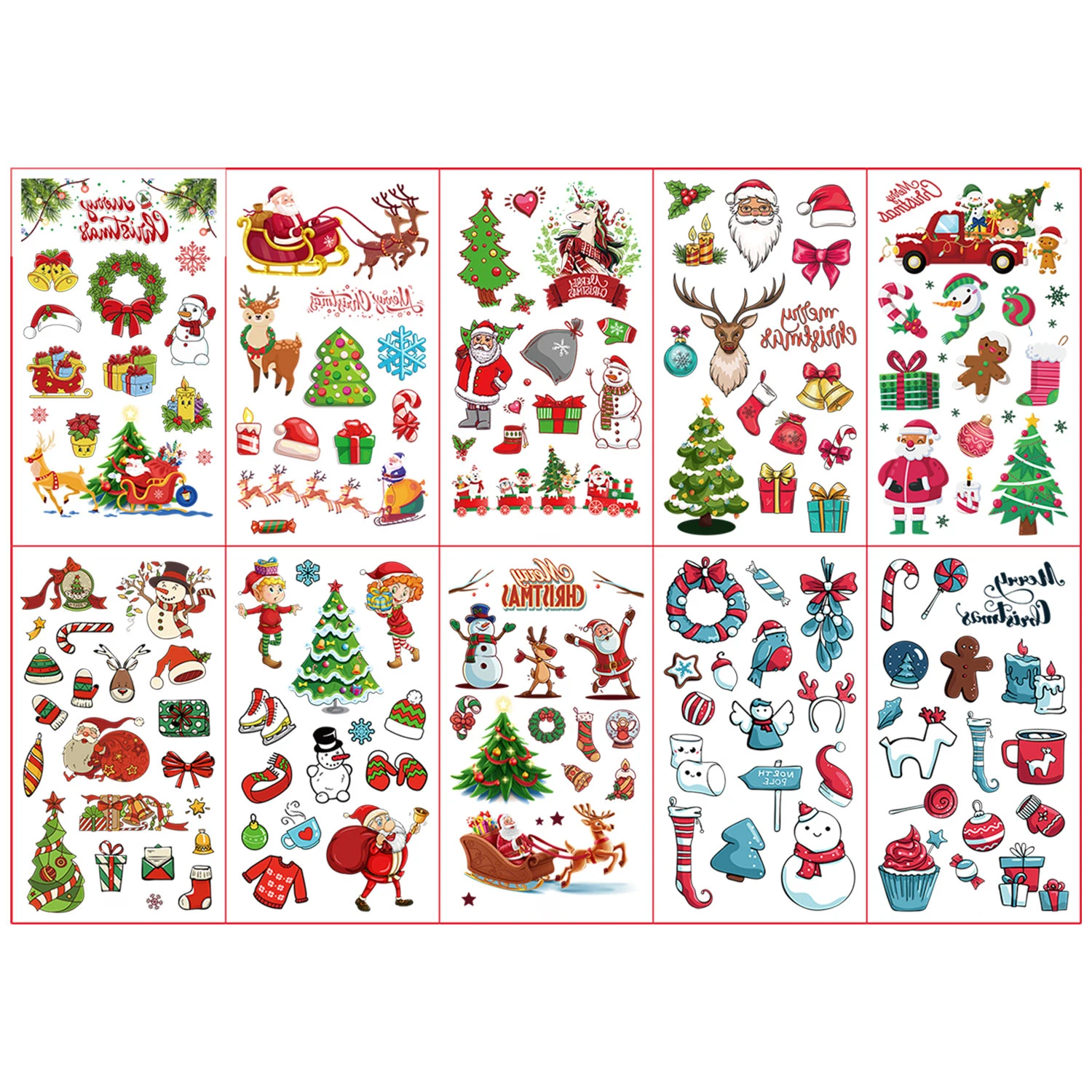 10 Christmas Series Tattoo Stickers, 145 Cartoon Elk, Sled, Santa Claus, Christmas Tree, Christmas Snowman, Christmas Decoration Element Pattern Temporary Tattoo, Waterproof Fun Art Decorative Tattoo Sticker, Suitable as a Christmas Gift
