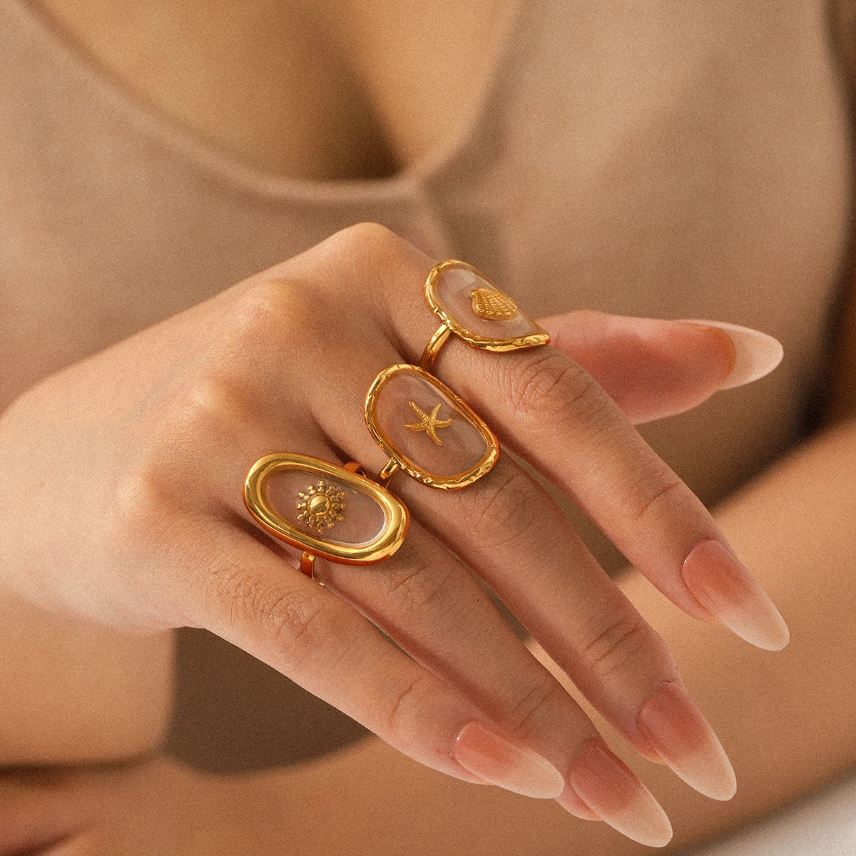 황차오 오벌 18k 금도금 스테인리스 스틸 반지 럭셔리 오션 스타일 주얼리 럭셔리 참 주얼리 액세서리 여성용 선물