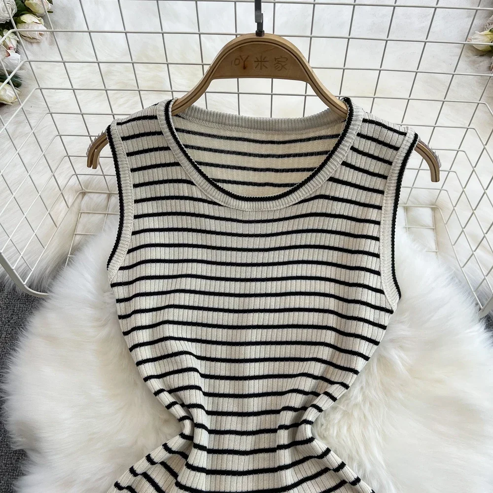 Lady Stripes Knitted Bodycon Tank Office Dress Summer Slim Elastic Sexy Package Hips Party Dress Women Outfits Vestidos