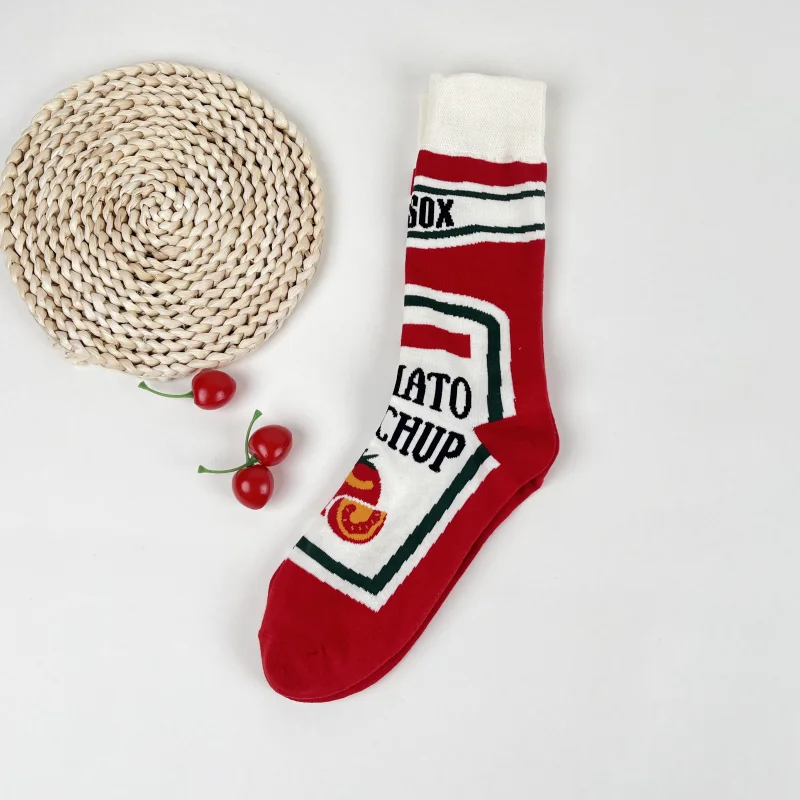 1 Pair  Funny Tomato Ketchup Printed Mid-Calf Men Socks Suit In All Seasons