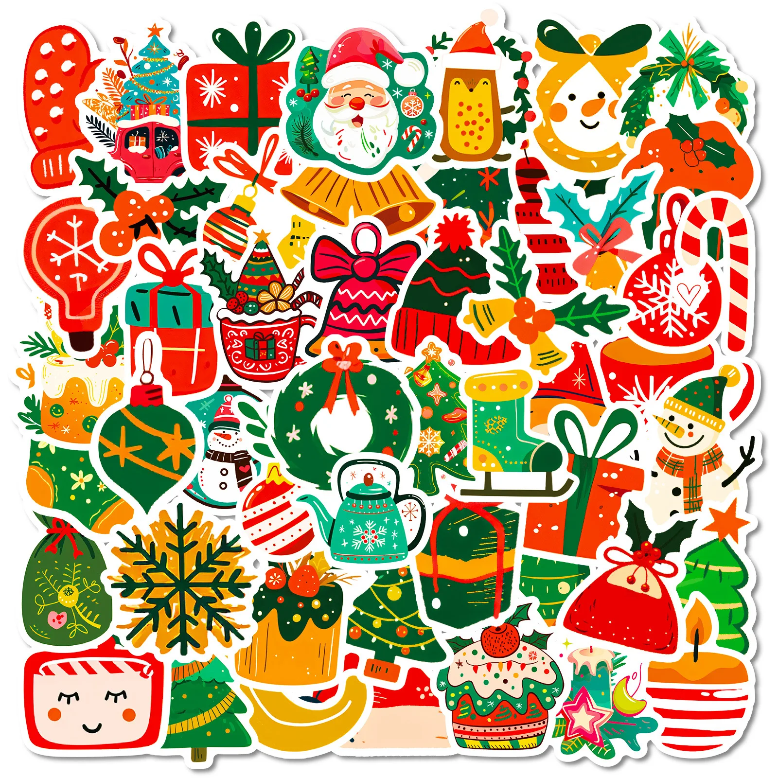 

50Pcs Christmas Cartoon Graffiti Sticker, Santa Socks Snowman Gift Decorative Material Sticker