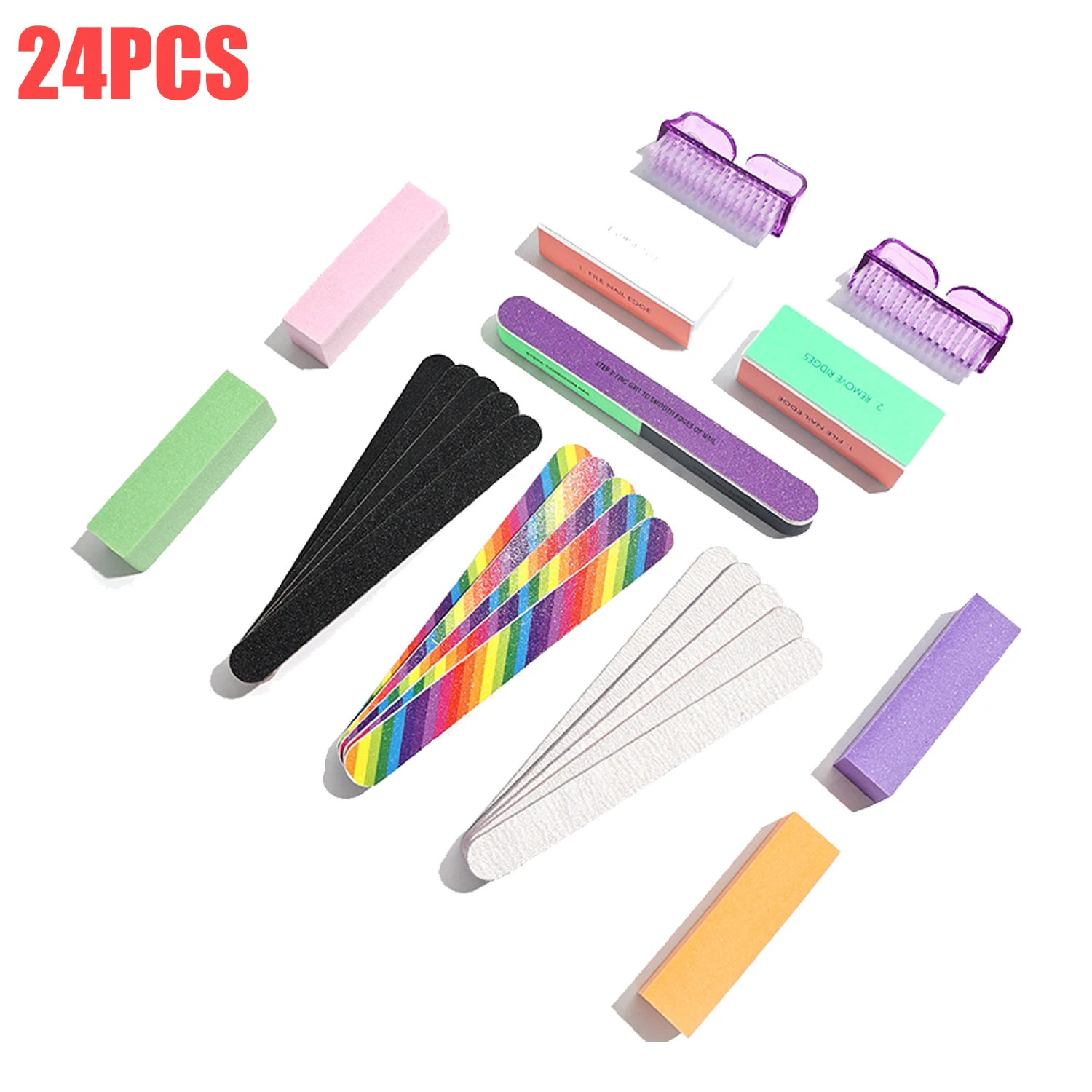 24PCS Nail Buffer File Set Double Sided Nail File Nail Cleaning Brush Manicure Pedicure Polishing Accessory Tool