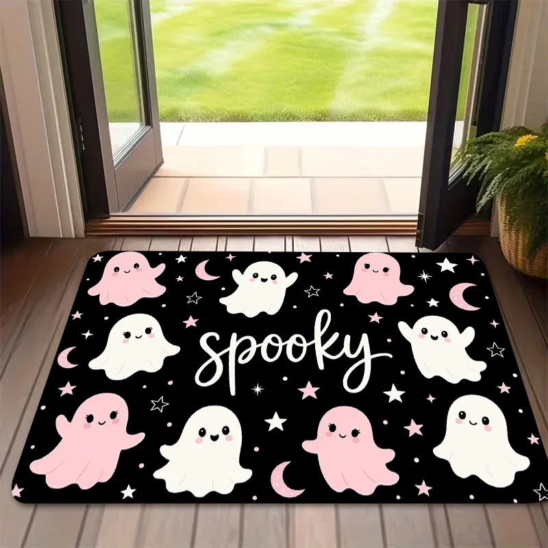 Vintage Halloween Doormat, Ghost Pumpkin Black Cat Bat Candle Print Entry Mat, Spooky Season Porch Decor