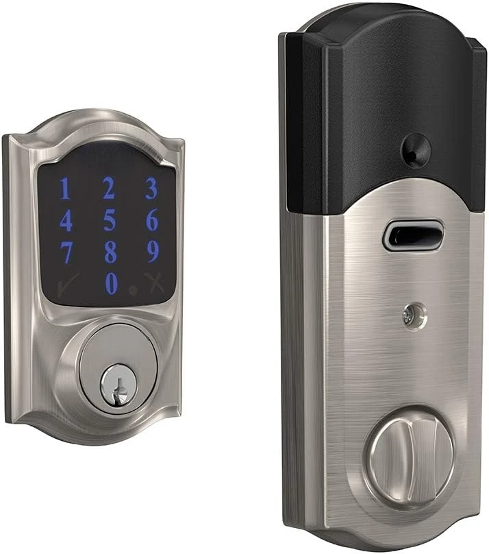 Smart Deadbolt with alarm with Camelot Trim in Satin Nickel, Z-Wave Plus enabled