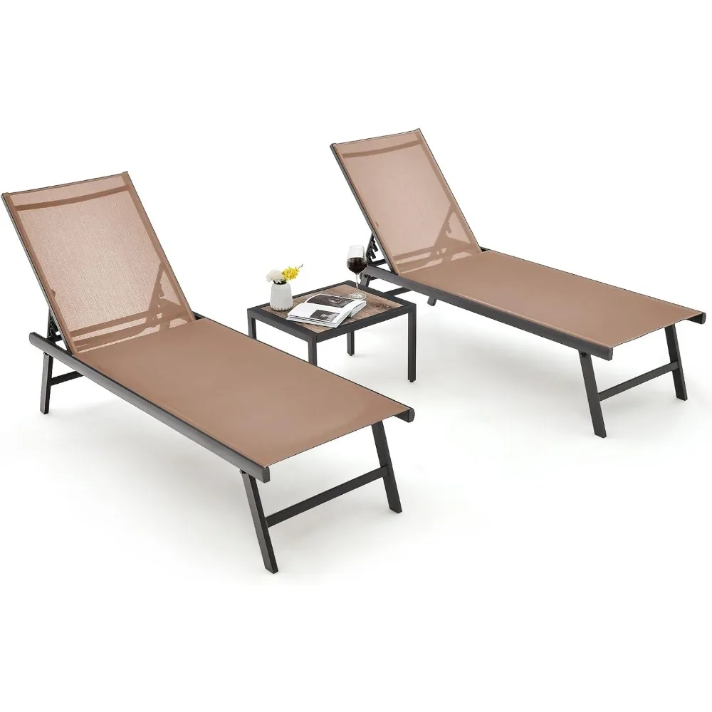 

3 Piece Patio Chaise Lounge Set, Aluminum Patio Recliner with Coffee Table, 6-Level Backrest Adjustment, Outdoor Lounge
