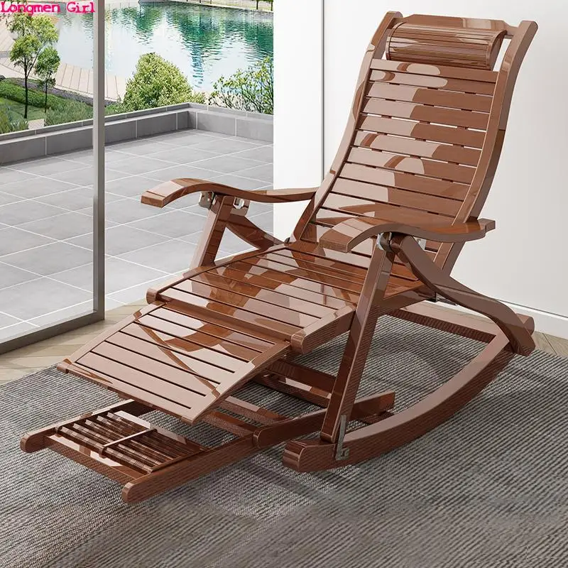 Multifunction Foldable Bamboo Rocking Armchair Outdoor Garden Furniture Portable Sun Loungers Travel Beds Deckchair With Arm