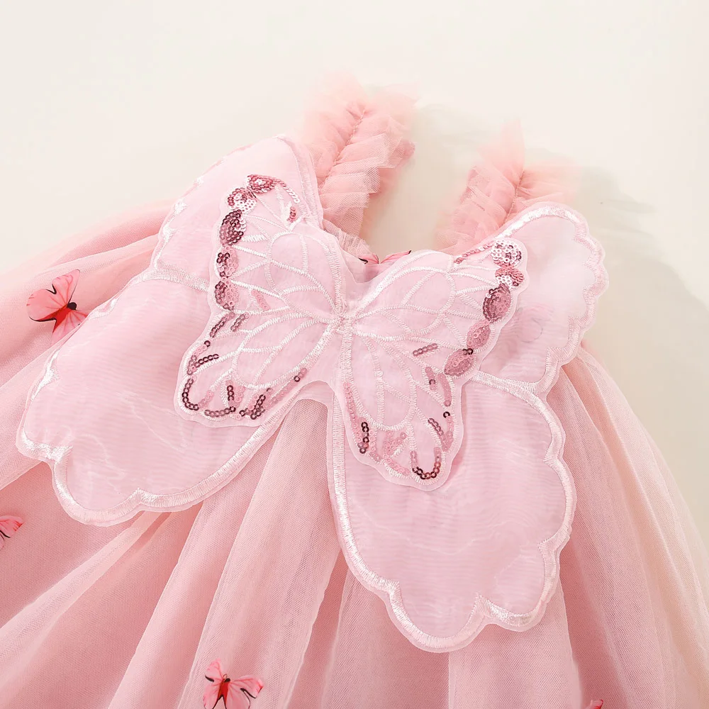 فستان حفلات للأطفال البنات صيفي وردي بأجنحة الفراشة فستان شبكي ملابس أعياد ميلاد للأطفال للفتيات