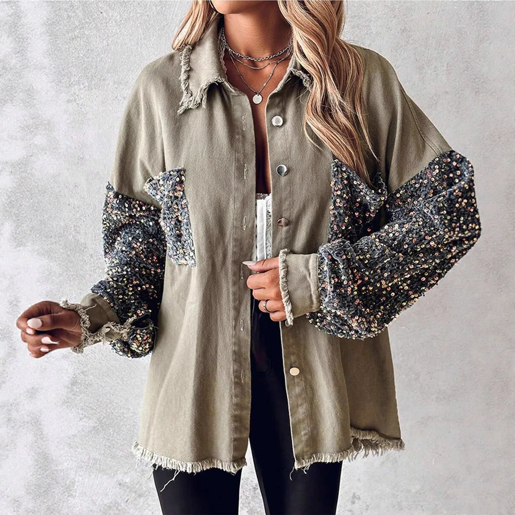 Autumn New Fashion Sequined Women Denim Jacket Simple Splicing Female Casual Fringed Jackets