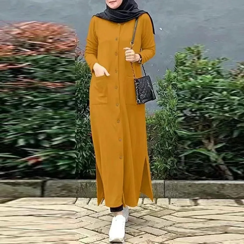 

2024 New Islam Abaya Dress Solid Color Islam Abaya Dresses Shirt Dress Loose Side Split Women's Dress for Europe and America