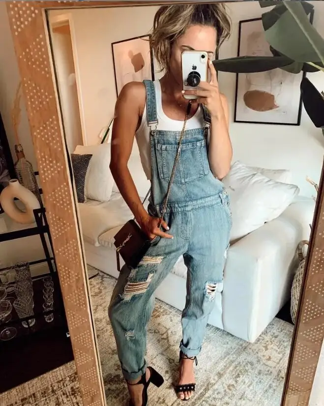 

2023 Denim Jumpsuits Women Overall Fashion Ripped Loose Pocket Slim Blue Suspenders Trousers Female Jean Rompers w662