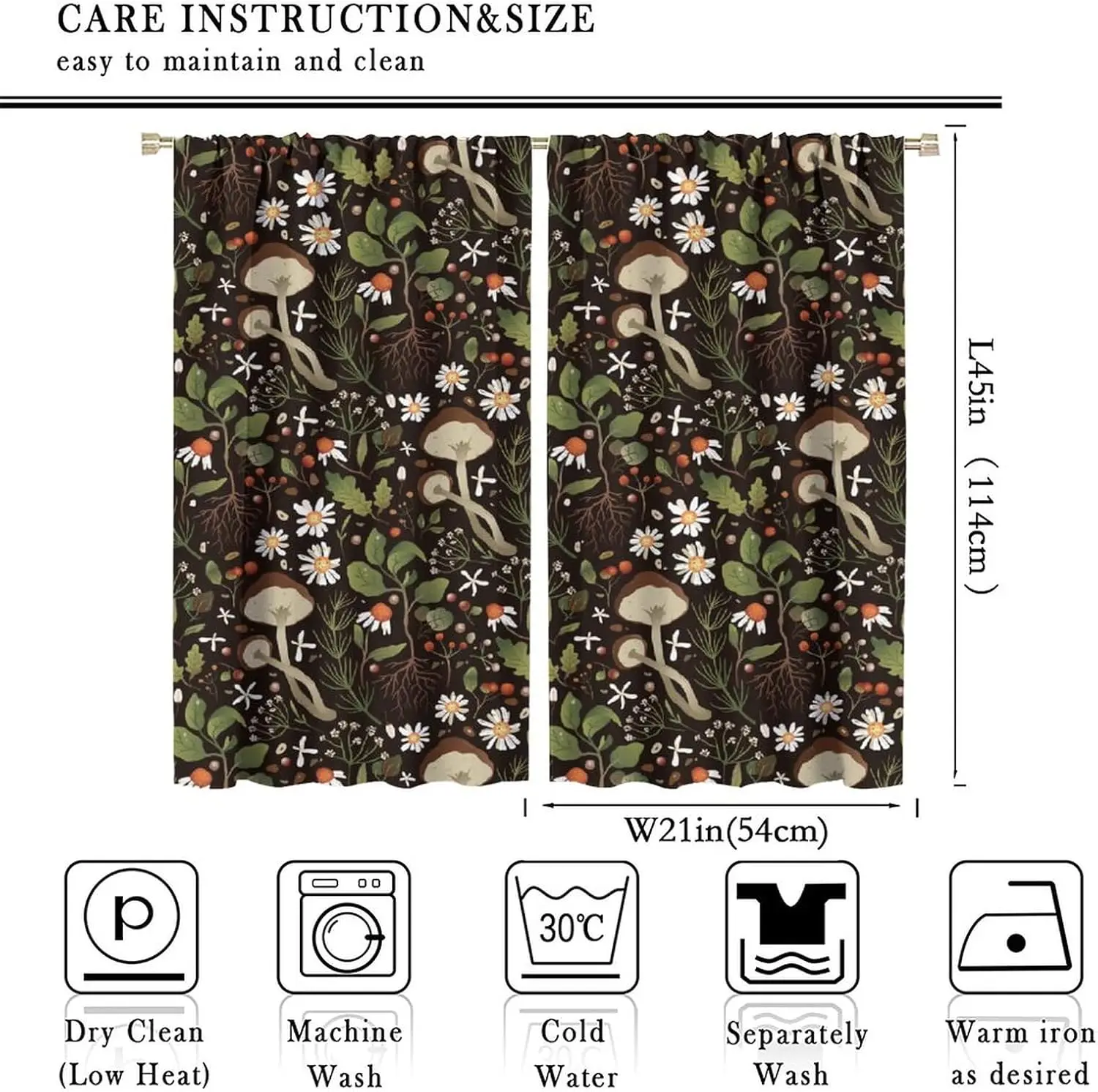 Bohemian Mushroom Floral Curtain Pair 2pcs Gothic Cottagecore Woodland Aesthetic Window Decor Curtains