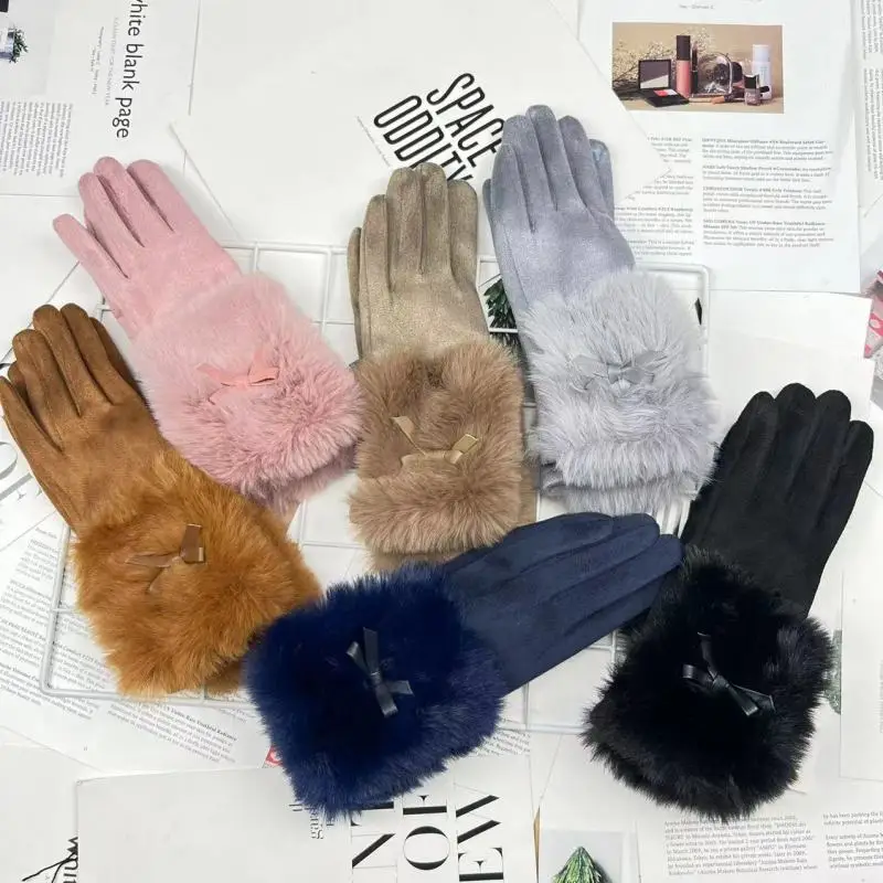 Women Winter Keep Warm Touch Screen Suede Supple Plush Wrist Fashion Elegant Bow Gloves Not Bloated Drive Cycling Soft