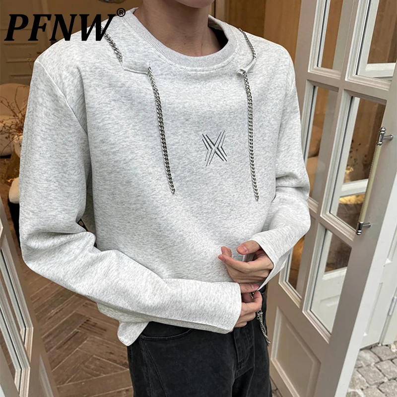 PFNW Chain Necklace Design Grey Round Collar Sweatshirts Men's Spring 2025 New Loose Causal Long Sleeve Pullover Tops 12C2047