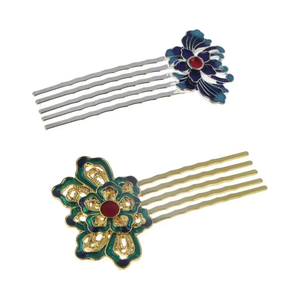 Elegant Women Traditional Blue  Lotus Classical Style Headwear Hair Accessories Hanfu Hairpin Cloisonne Hair Comb