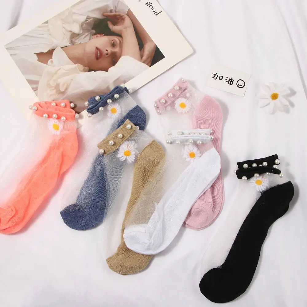 Breathable Ultra-thin Lady Elasticity Pearl Glass Silk Hosiery Ankle Socks Lace Mesh Daisy Socks