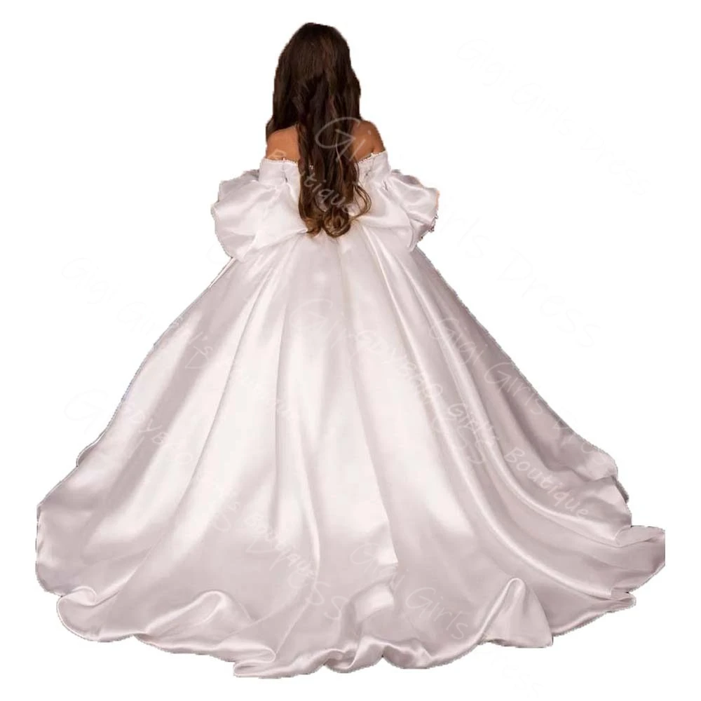 

White Flower Girl Dress for Wedding Bridesmaid Off Shoulder Puff Sleeve First Communion Dress with Pearls Custom Party Ball Gown