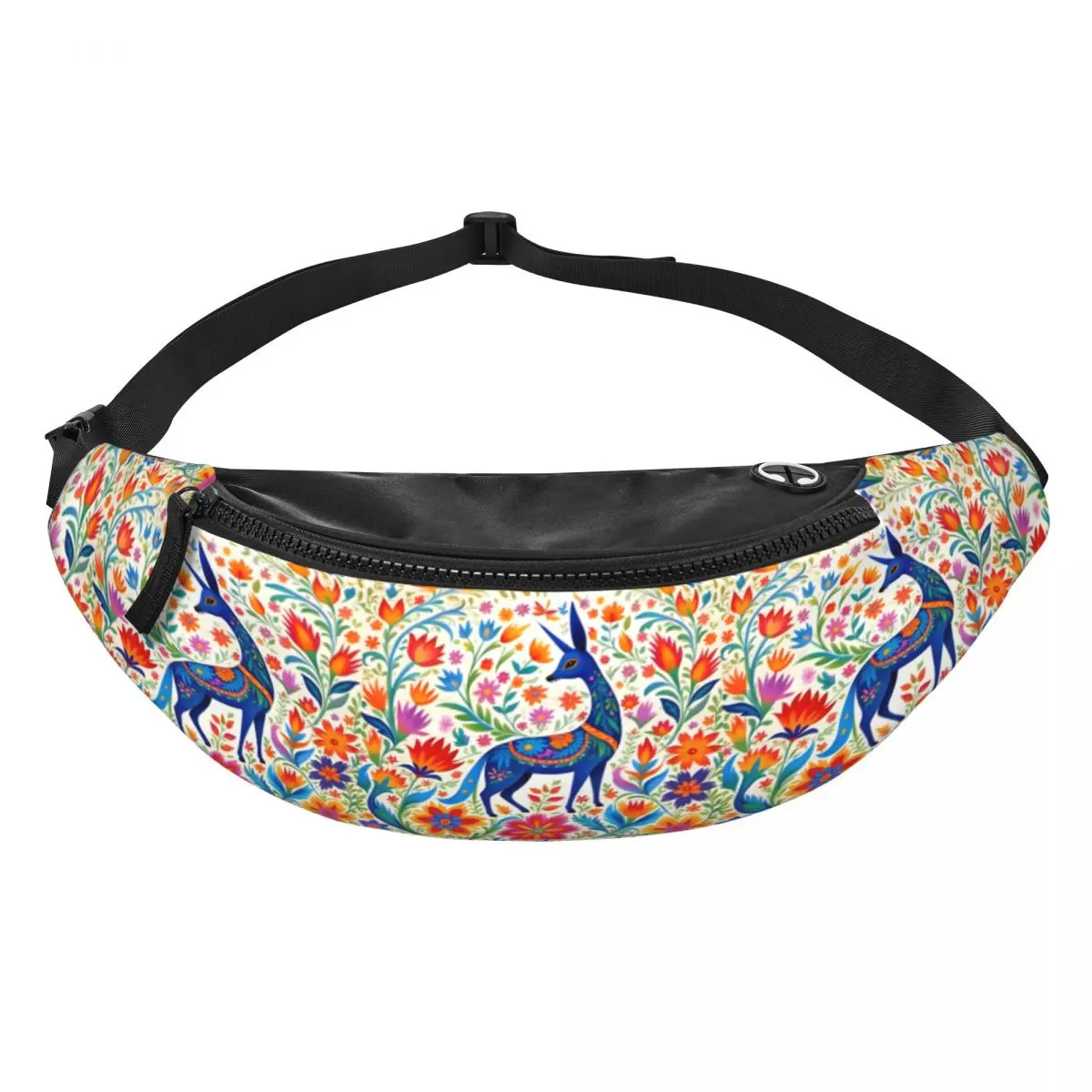 Custom Fashion Mexican Flower Otomi Art Fanny Pack for Running Men Women Crossbody Waist Bag Phone Money Pouch