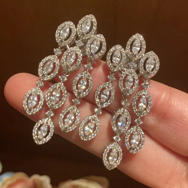 Glamorous Oval Purple Cubic Zirconia Chandelier Earrings Halo-Set Fringe Drop Earrings for Women Bridal Wedding Jewelry