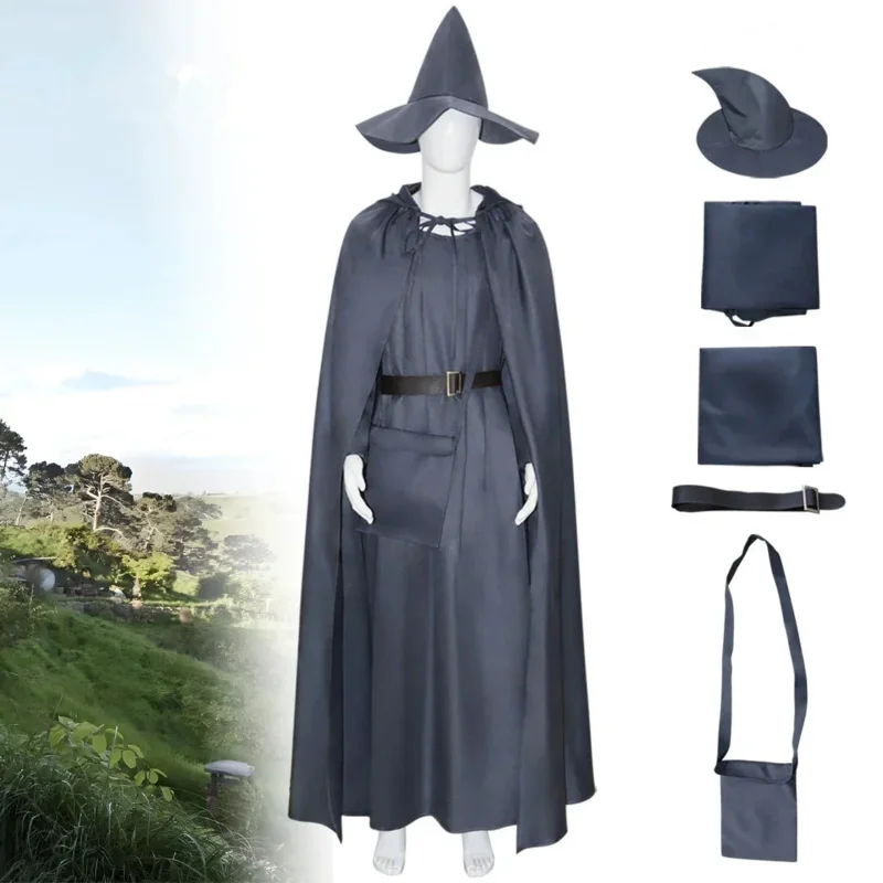 Movie Wizard Sorcerer Witch Cloak Cosplay Costume Unisex Magician Set Middle Earth World Grey Robe Cape Halloween Carnival Suit