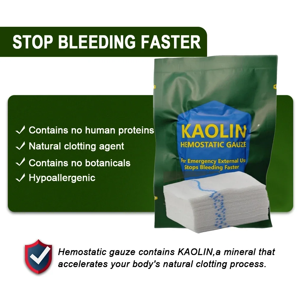 Taktische Kaolin-Hämostase-Gaze, Z-förmig gefaltet, löslicher Wundverband, militärischer Kampf-Trauma-Verband, TCCC IFAK, Erste-Hilfe-Verband für den Außenbereich
