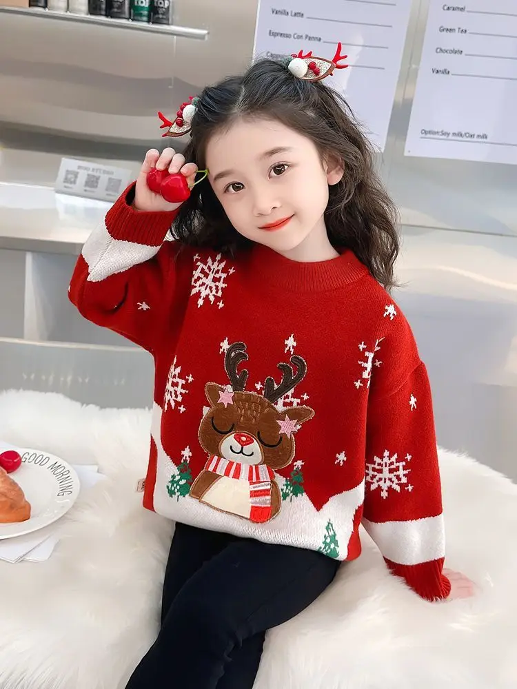 Winter Children's Thickened Sweater Boys And Girls Deer Jacquard Knitted Sweater Red Christmas Decoration Sweater