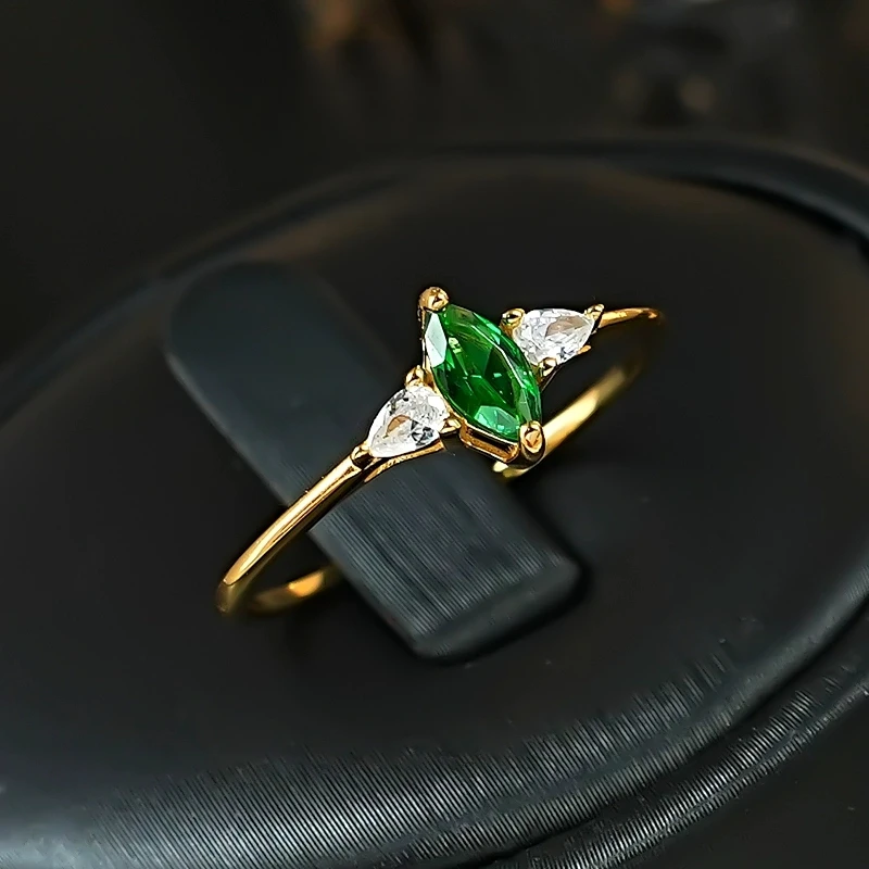 

Light luxury artificial green tourmaline horse eye 925 silver ring set with high carbon diamond small everything daily simple te