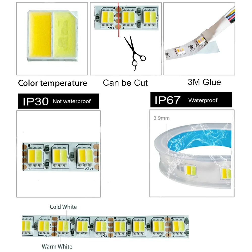 DC12V/24V dwukolorowy 5050 60/120 diod led/m białe światło ciepły biały CCT temperatura barwowa ściemnialna dekoracyjna 3-kolorowa listwa