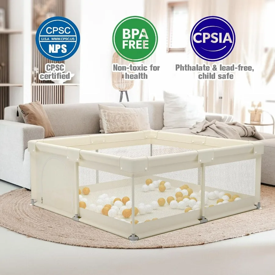 ZEEBABA Box Beige per Bambini 59x59 in Box per Neonati e Piccoli Penna da Gioco per Cortile da Gioco per Neonati con Cancello Senza Tappetino