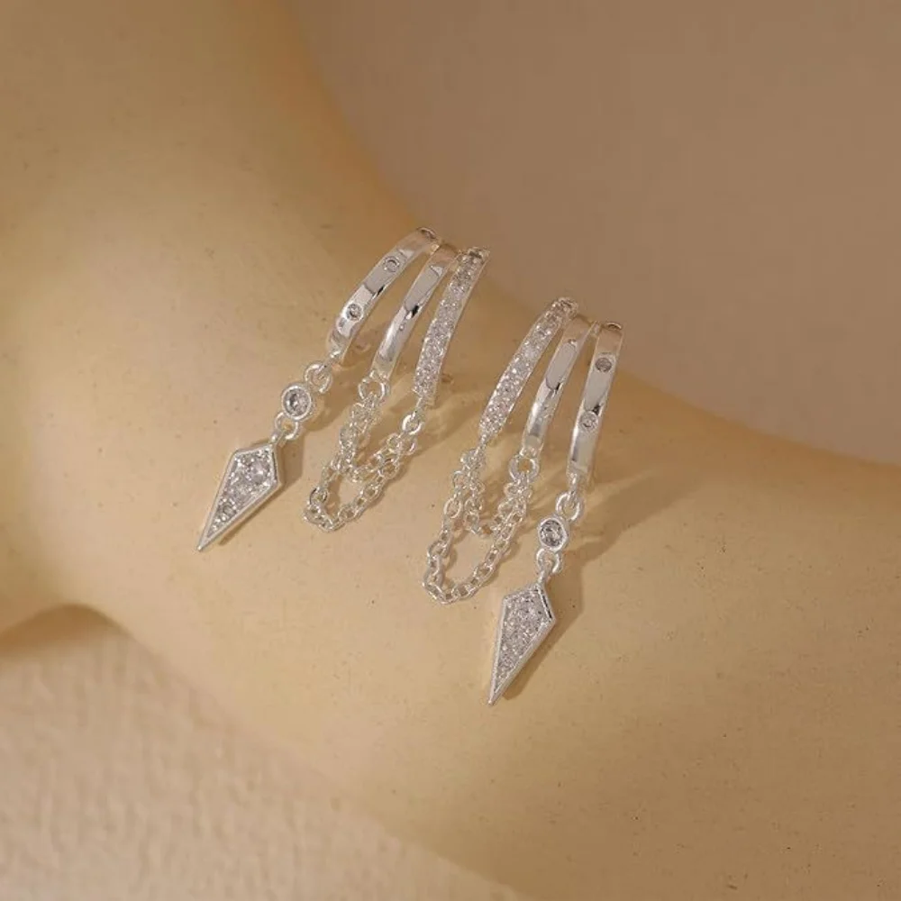 925 Silber Plattierte Dreifach-Huggie-Ohrstecker für Damen Funkelnde CZ-Ketten-Quasten Hypoallergene Hängeohrringe Schmuckgeschenke – Detail 4