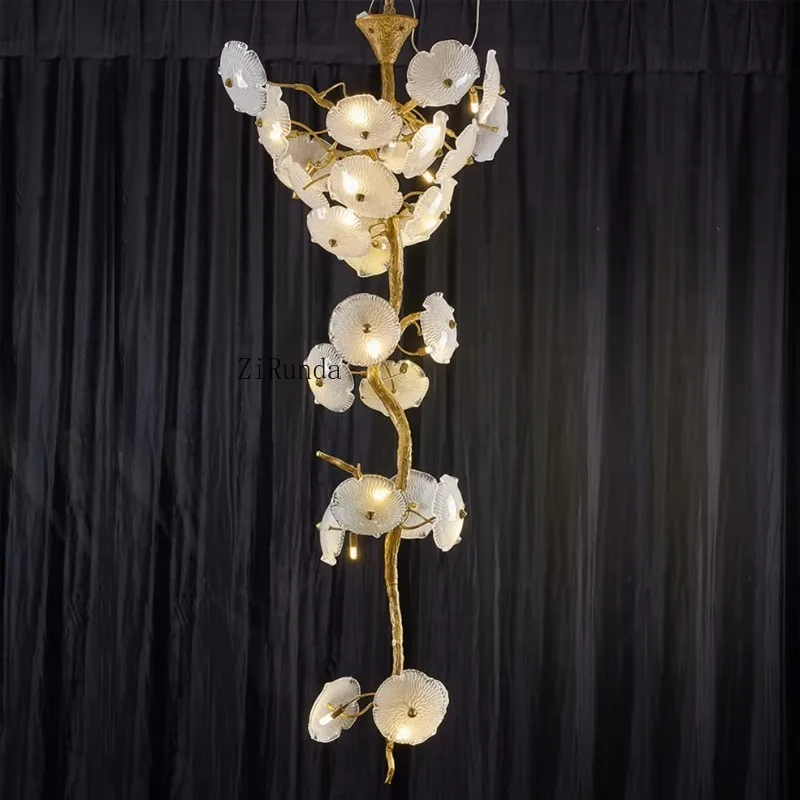 الديكور الحديث فيلا ردهة الفندق الفاخرة الزجاج الكريستال ضوء السقف الباعثة للضوء ديود لوتس ليف الحديثة عالية ثريا تركب بالسقف #4