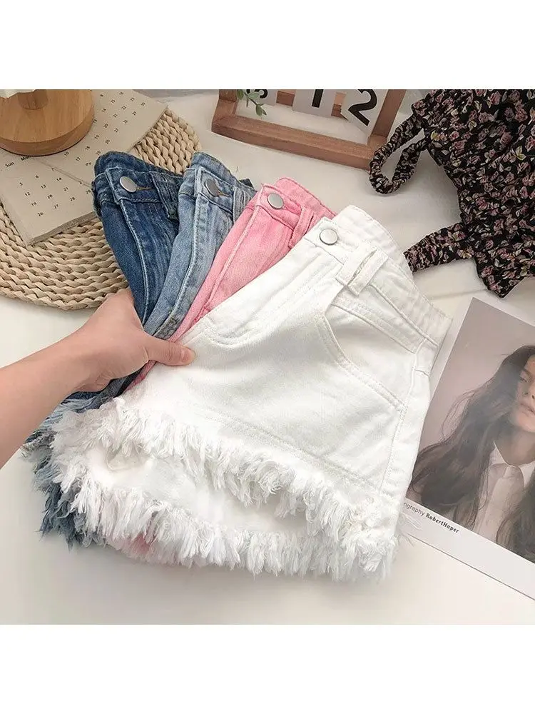 2024 Zomer Koreaanse Stijl Nieuwe Mini Shorts Hoge Taille Rauwe Rand Afslanken Kwastje Hot Girl Denim Short Losse Hotpants Street Wear