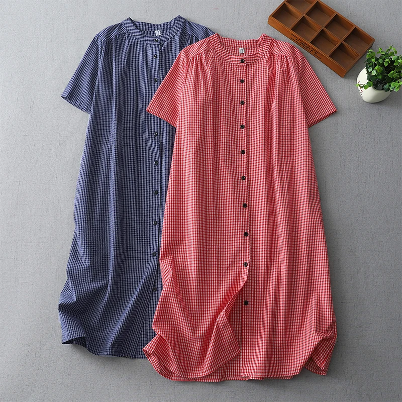 

Летнее новое японское платье-рубашка из чистого хлопка в клетку, женское свободное повседневное миди-платье с запахом, милое платье А-силуэта