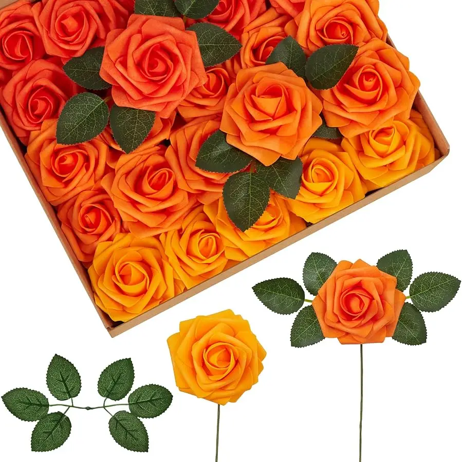 

Artificial Flowers, 50 Pcs Shades of Orange Foam Fake Roses Bulk with Stems for Autumn Fall Decoration DIY Wedding Bouquets Cent