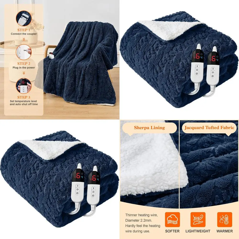 

Queen Size Electric Blanket with Dual Controls, 84x90 Jacquard Sherpa, 6 Heat Levels, 10-Hour Auto Off, Overheat Protection, Nav