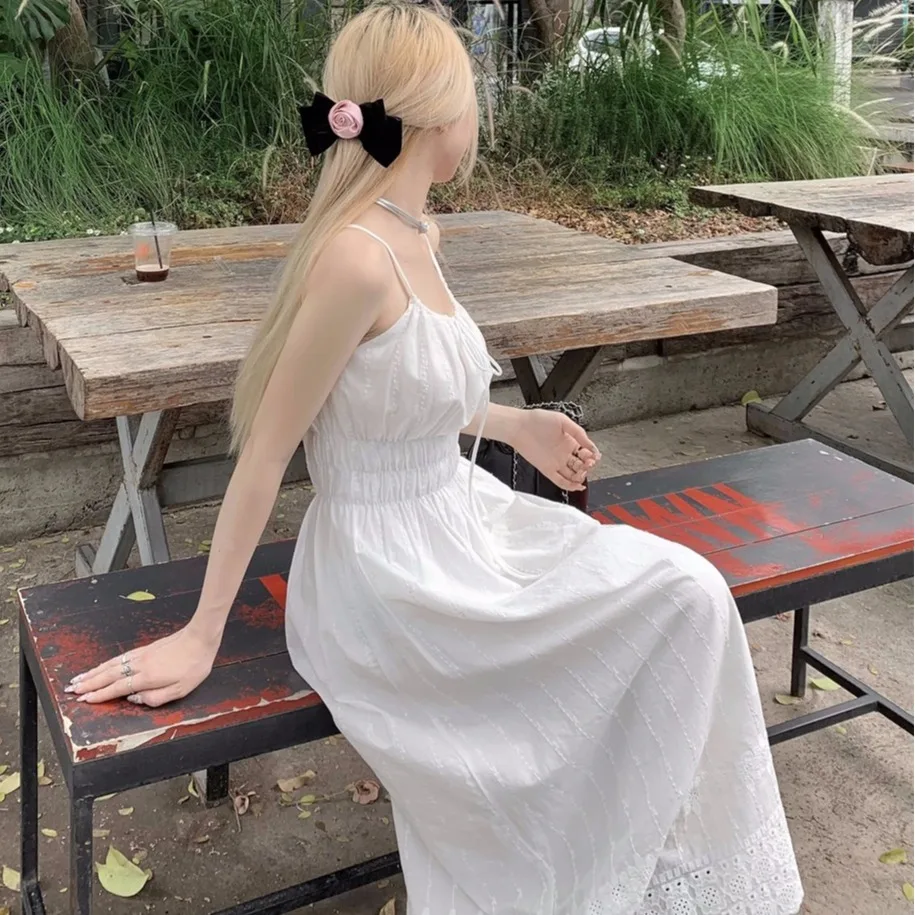 

Plus Size Sweet plus Size White Strapl Dr Women's Summer Faion High Waist Slimming Design Long A-Line Skirt Polyester Fiber