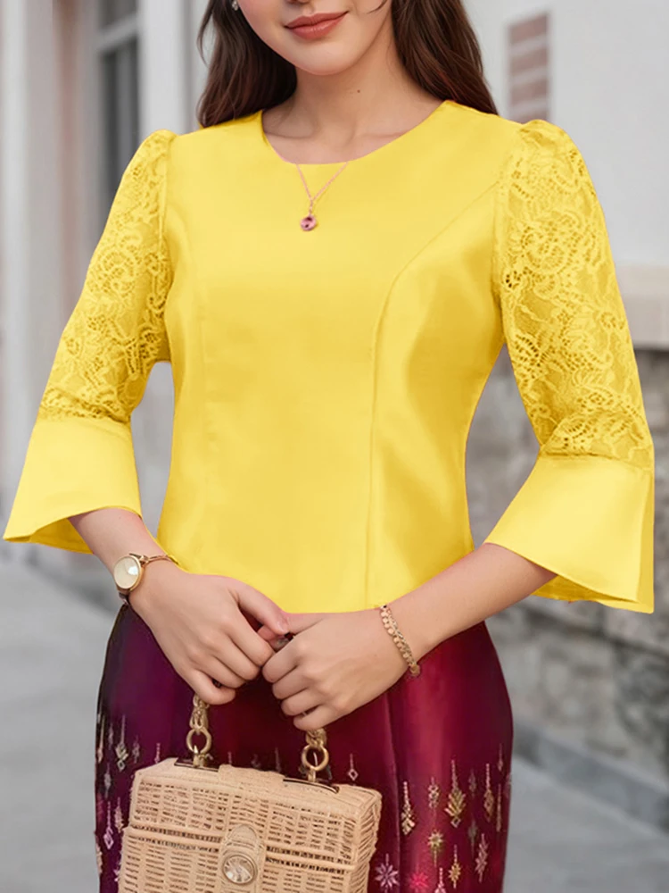 ZANZEA Elegant Flare Sleeve Work Shirt Office Lady Blouse Stylish Women Lace Patchwork Tops Satin Slim Fit Blusas Tunic Femme