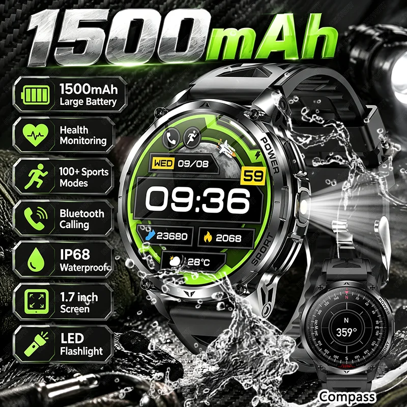 2026 New Military 1500 Mah Battery Smartwatch, Men's Outdoor Compass, IP68 Waterproof, 100+ Sports, Bluetooth Call, Fitness Trac