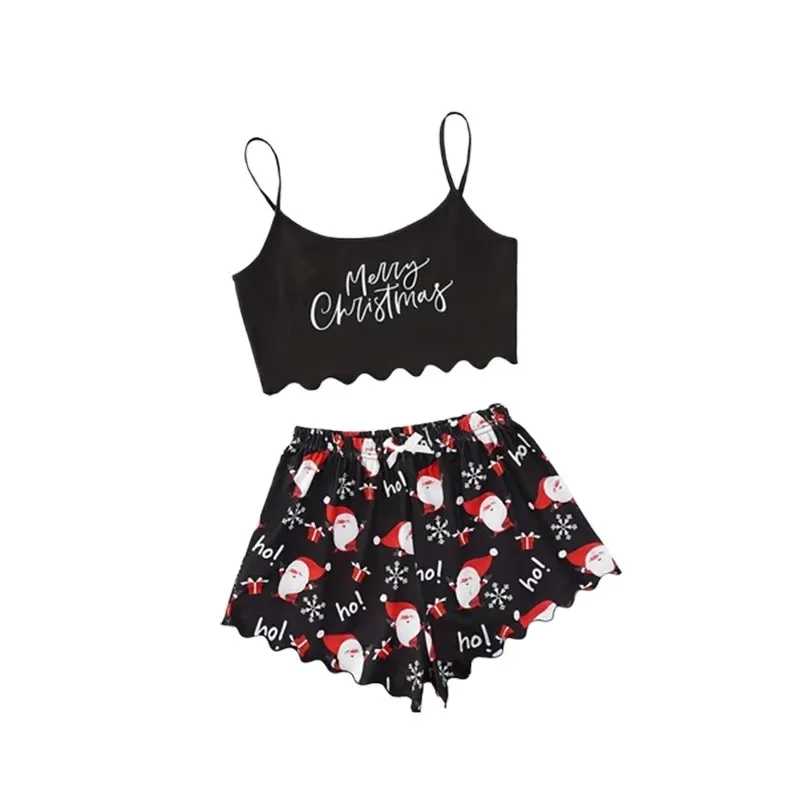 New Women\'s Christmas Pajama Set Thin Suspender Top with Santa Claus Printed Shorts Casual Homewear Suspender Shorts