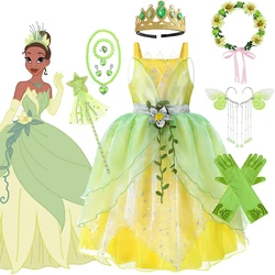 Girls Princess Tiana And The Frog Cosplay Dress Luxury Flower Applique Sling Frocks Kids Princess Theme Birthday Party Costume