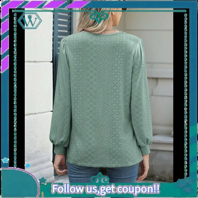 

A09P Long Sleeve Eyelet Tops For Women 2025 Spring Fall Crew Neck Shirts Casual Loose Blouse Trend Outfits Clothes
