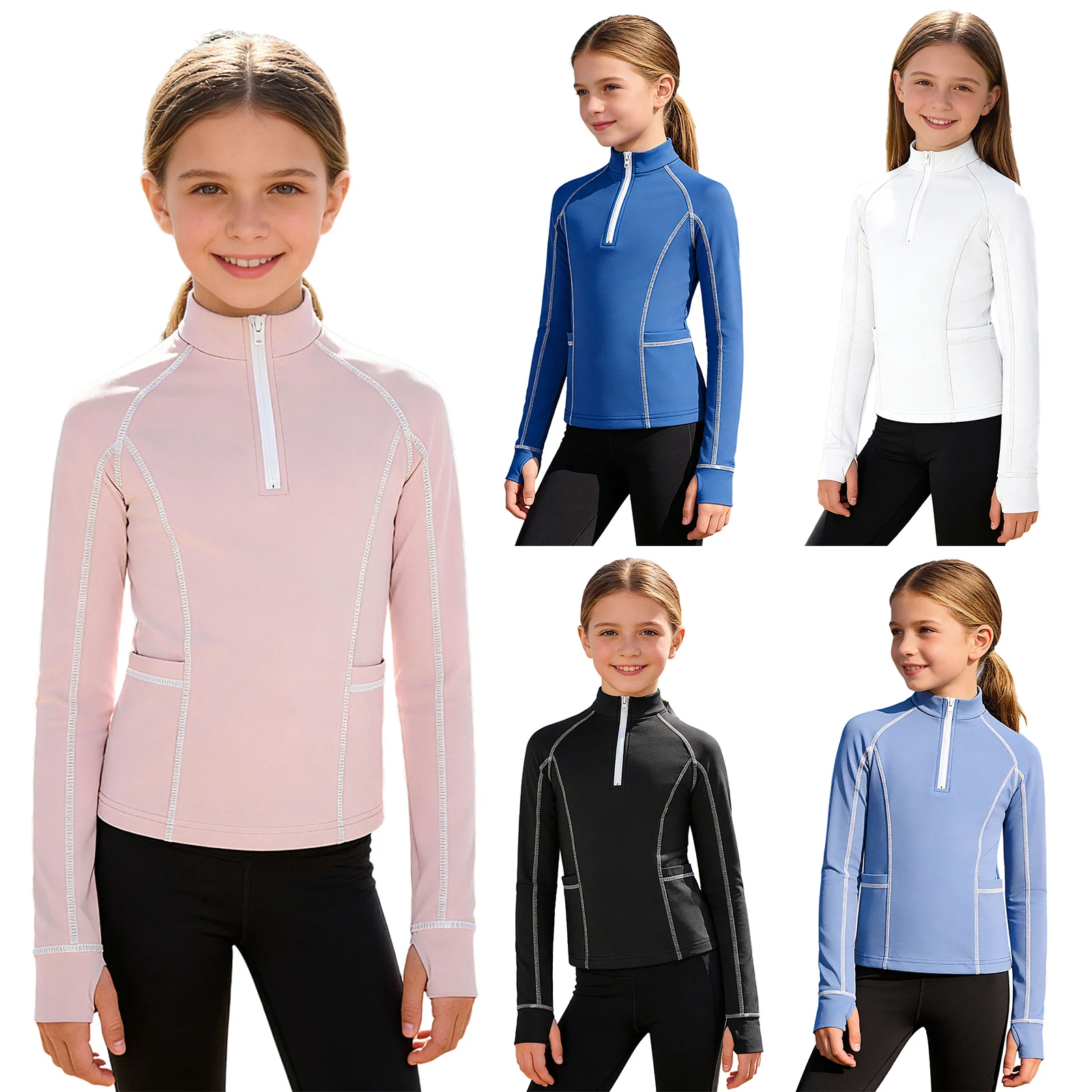 Kids Girls Athletic Thermal Coat Shirts Long Sleeve Half Zip-Up Pullover Sweatshirt with Pockets for Sports Yoga Workout Running